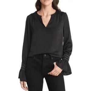 NEW Vince Camuto Women's Rich Black Cuff Split Neck Blouse Size XS